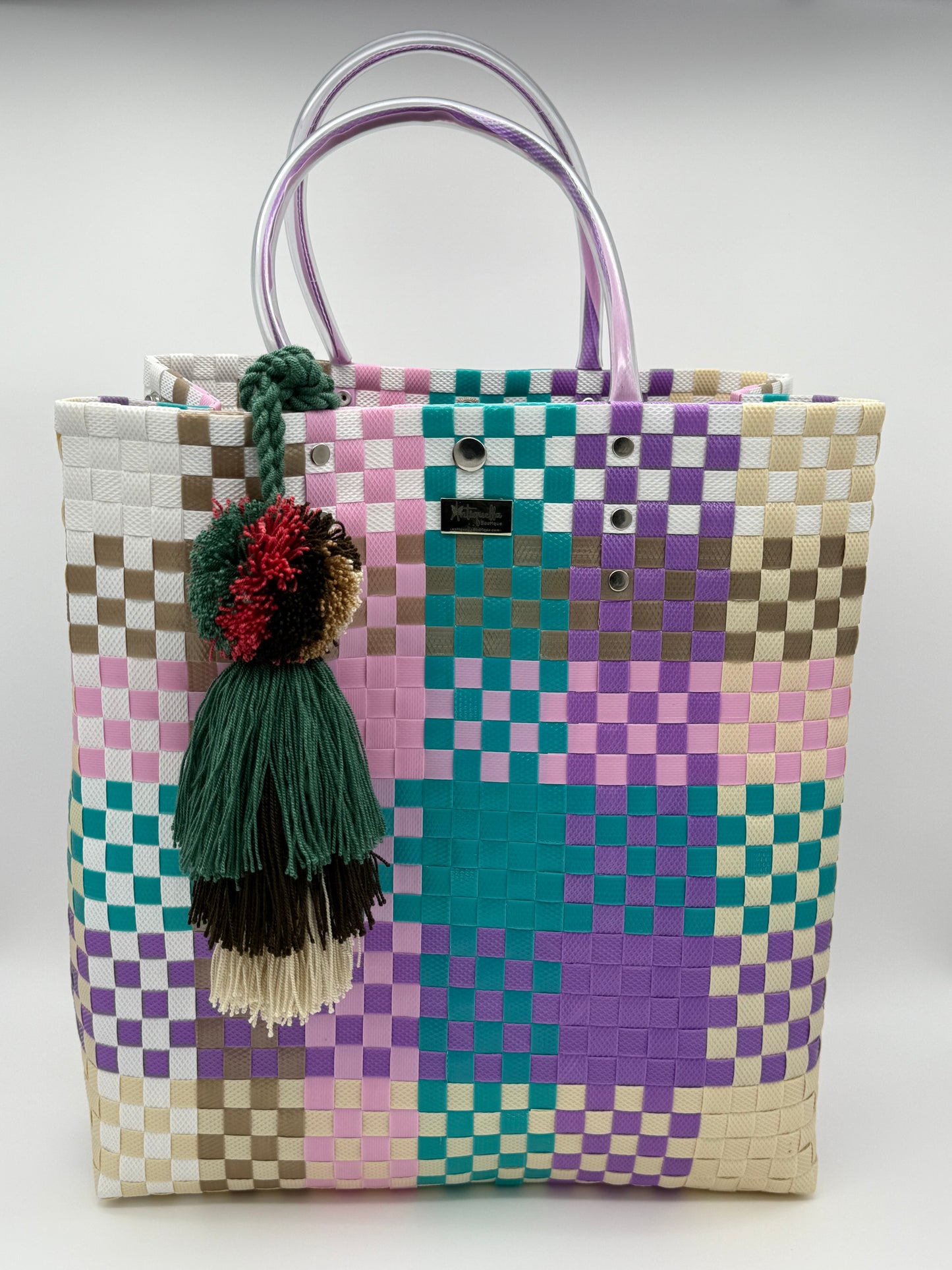 Plastic Woven Handbag 5 w/ Pom Pom