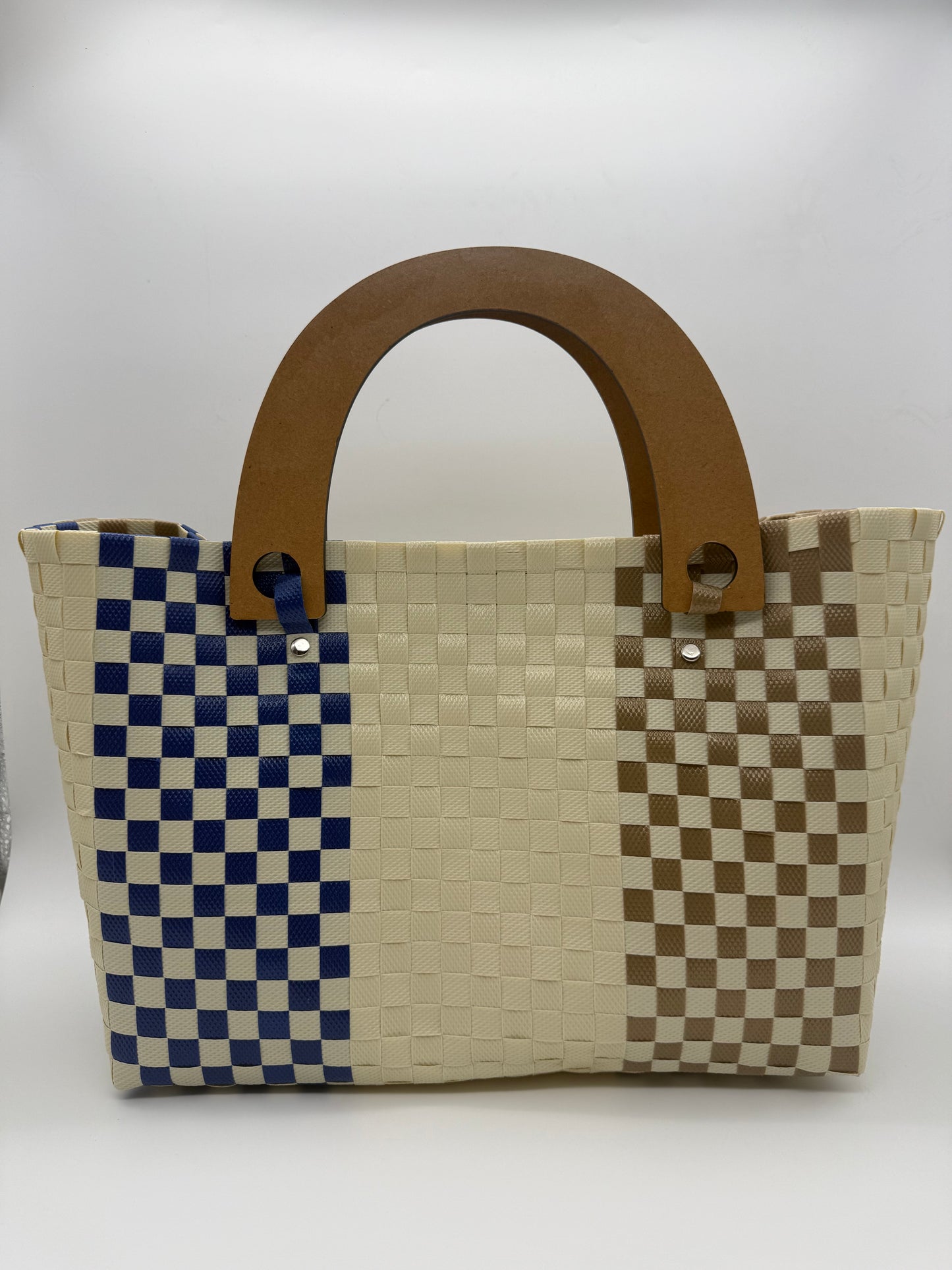 Handwoven Plastic Tote with Wooden Handle